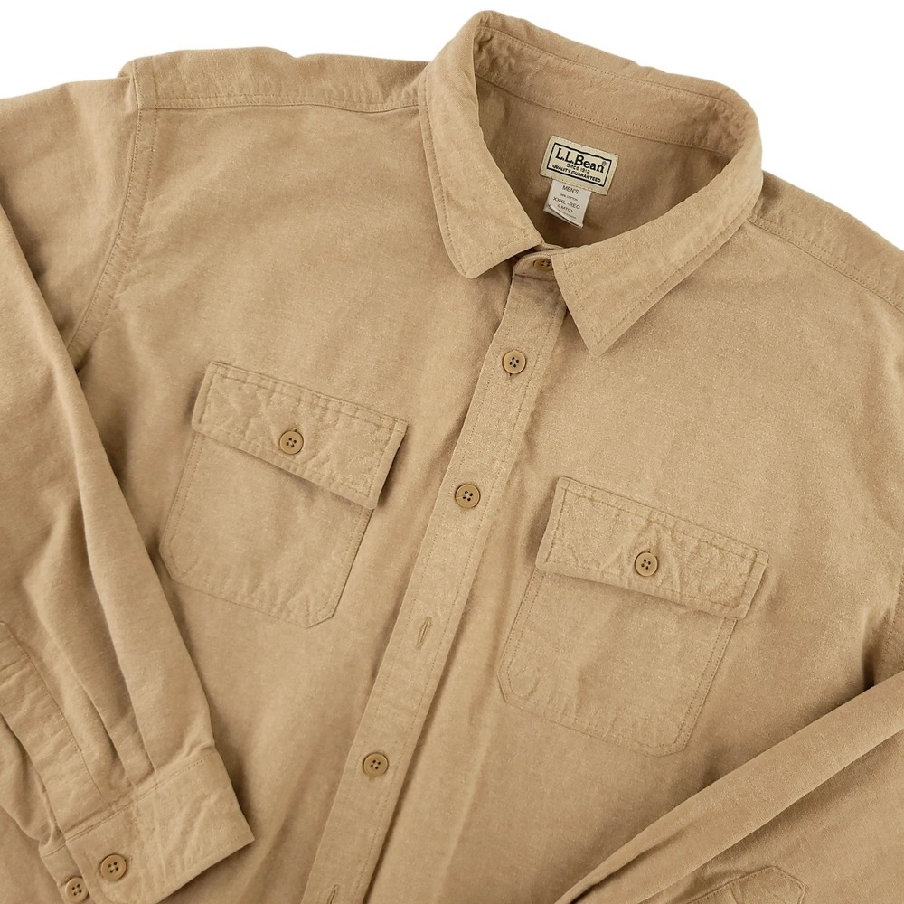 L.L. Bean Flannel Shirt Mens 3XL Beige Solid Long Sleeve Button Up Cotton Casual